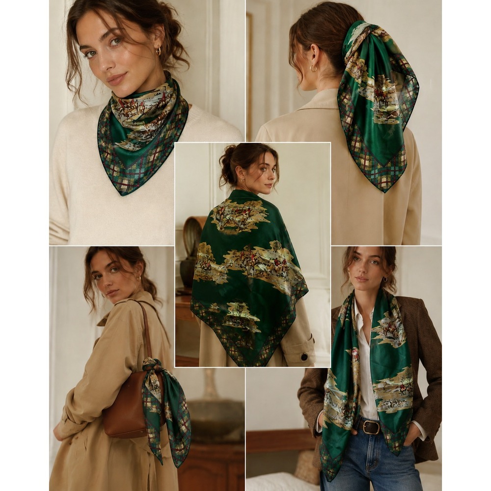 Vintage Equestrian Scarf Fox Hunt Plaid Satin Scarf Green Preppy Classic Horse